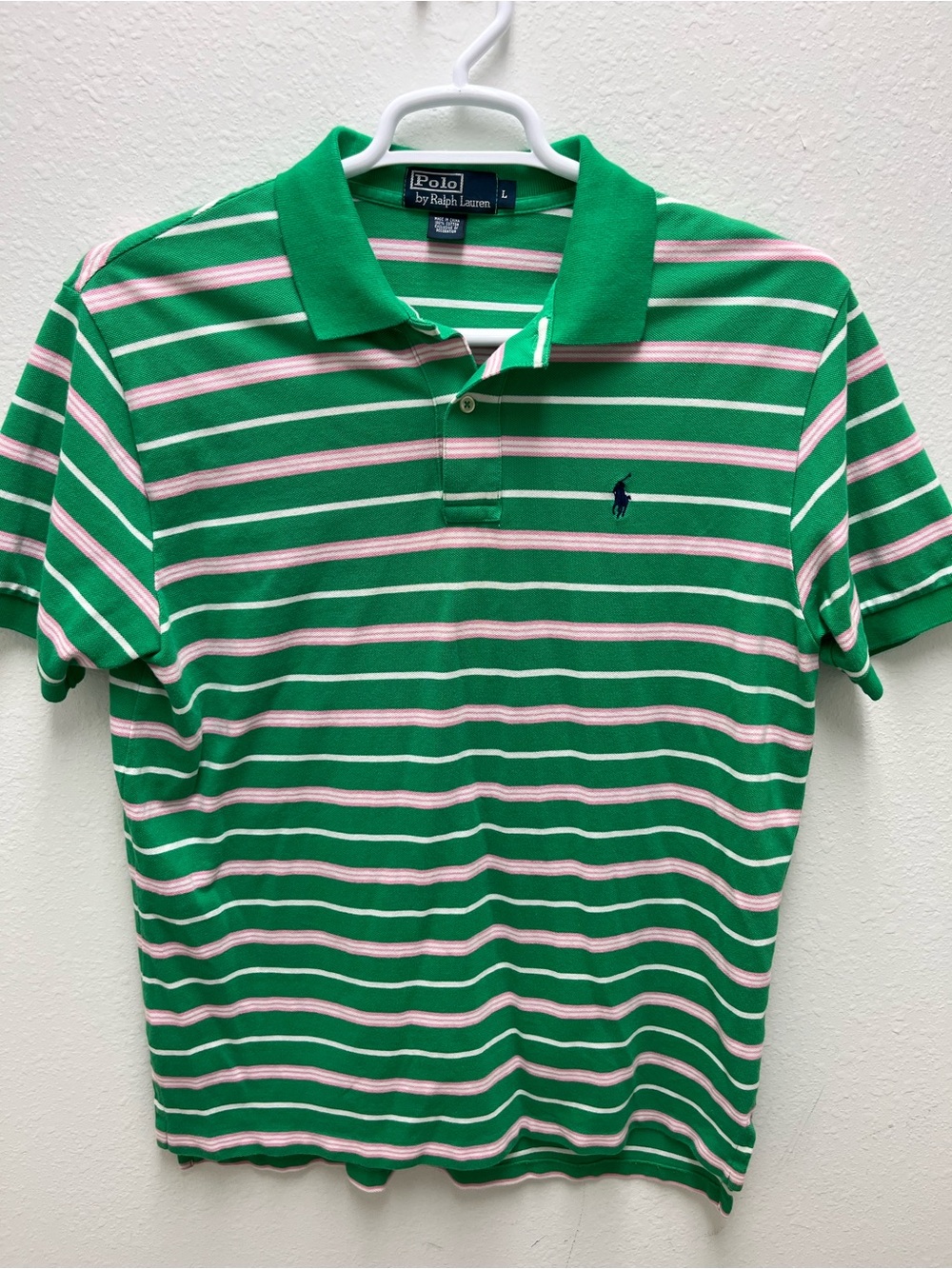 Polo Ralph Lauren Green Pink White Striped Men's Polo Shirt L Short Sleeve Logo